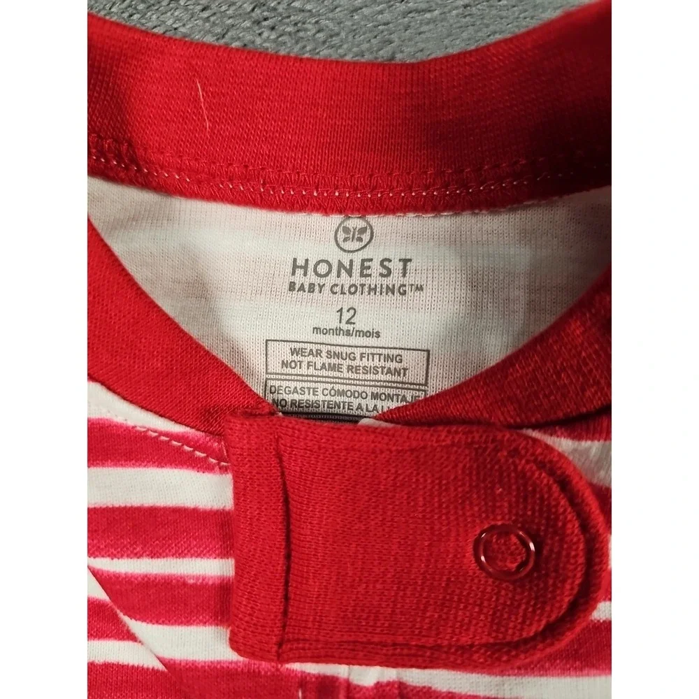 Honest Kids Organic Cotton Footed Pajamas 12M Set of 2‎ Christmas PJs Red White